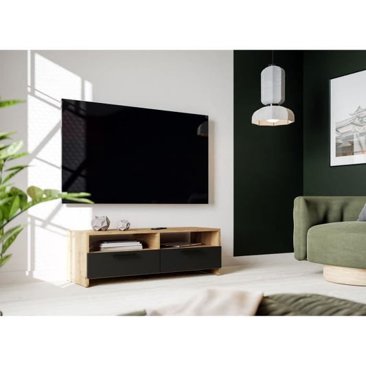 PILVI TV-meubel - Eigentijdse stijl - Eiken en Zwart decor - 2 kleppen + 2 nissen - L 95 x D 36 x H 34,5 cm