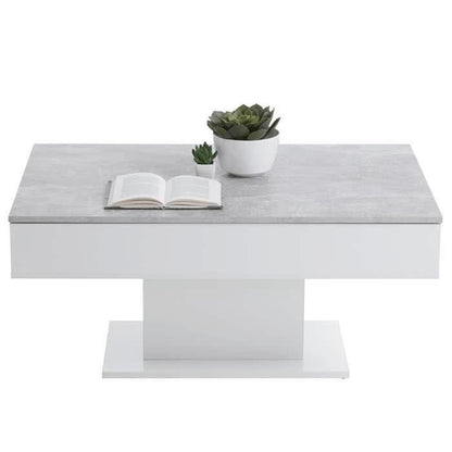 Tweekleurige salontafel met uitschuifbaar blad - LA betongrijs en glanzend wit decor - L100 x H46,1 x D65 cm