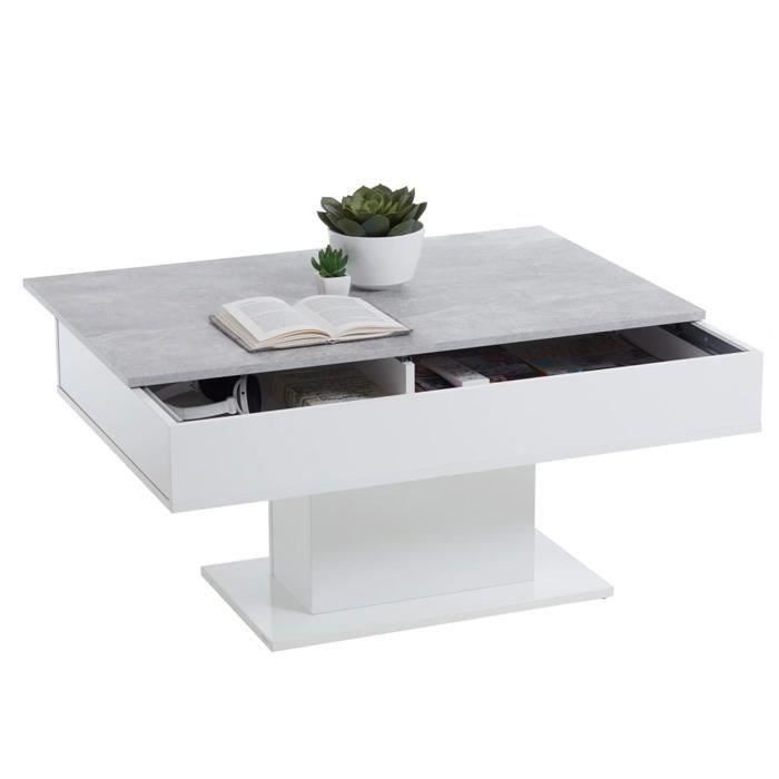 Tweekleurige salontafel met uitschuifbaar blad - LA betongrijs en glanzend wit decor - L100 x H46,1 x D65 cm