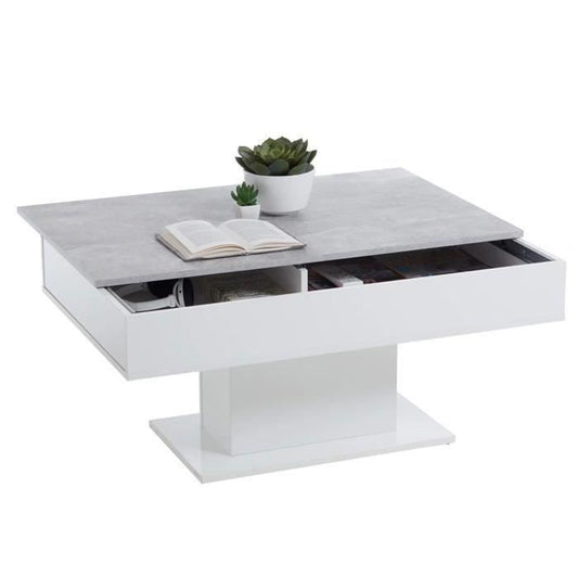 Tweekleurige salontafel met uitschuifbaar blad - LA betongrijs en glanzend wit decor - L100 x H46,1 x D65 cm