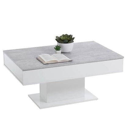 Tweekleurige salontafel met uitschuifbaar blad - LA betongrijs en glanzend wit decor - L100 x H46,1 x D65 cm