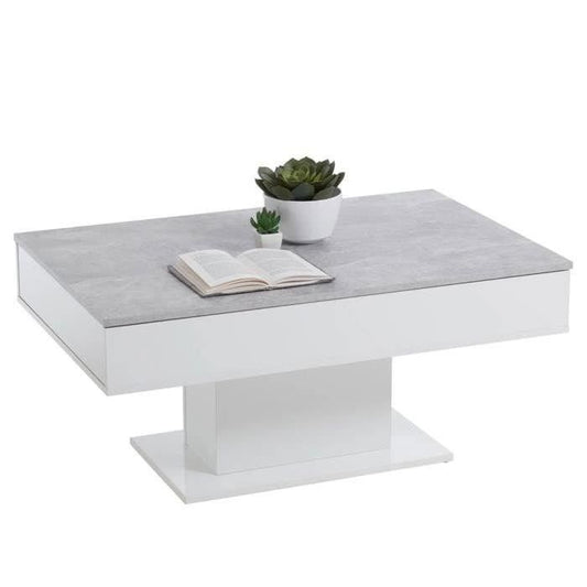 Tweekleurige salontafel met uitschuifbaar blad - LA betongrijs en glanzend wit decor - L100 x H46,1 x D65 cm