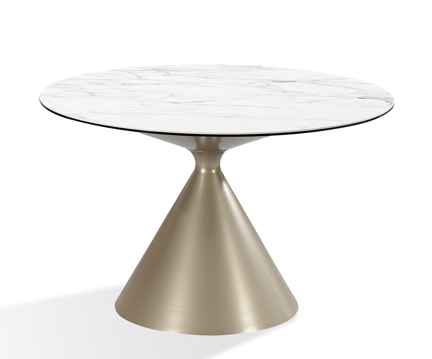 Winston stenen blad metalen onderstel ronde eettafel in haver melk en champagne.