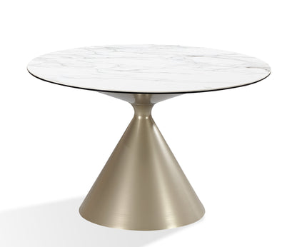 Winston stenen blad metalen onderstel ronde eettafel in haver melk en champagne.