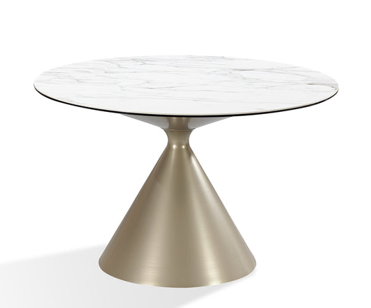 Winston stenen blad metalen onderstel ronde eettafel in haver melk en champagne.