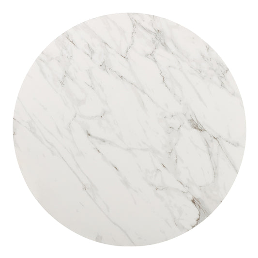Winston stenen blad metalen onderstel ronde eettafel in haver melk en champagne.