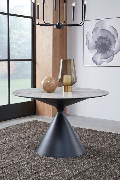 Winston stenen blad metalen onderstel ronde eettafel in Grigio