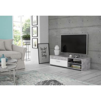 PILVI Eigentijds tv-meubel - Wit en lichtgrijs beton - B 120 x D 42,1 x H 31,8 cm