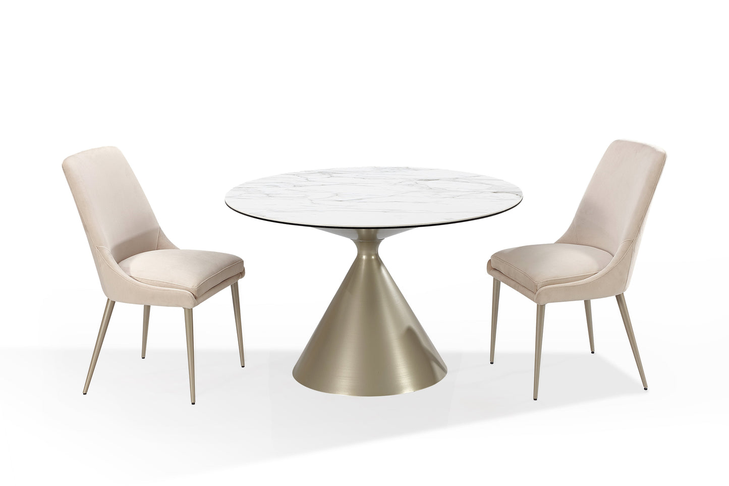 Winston stenen blad metalen onderstel ronde eettafel in haver melk en champagne.