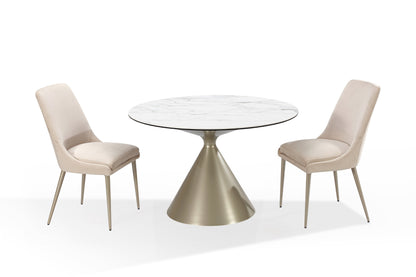 Winston stenen blad metalen onderstel ronde eettafel in haver melk en champagne.